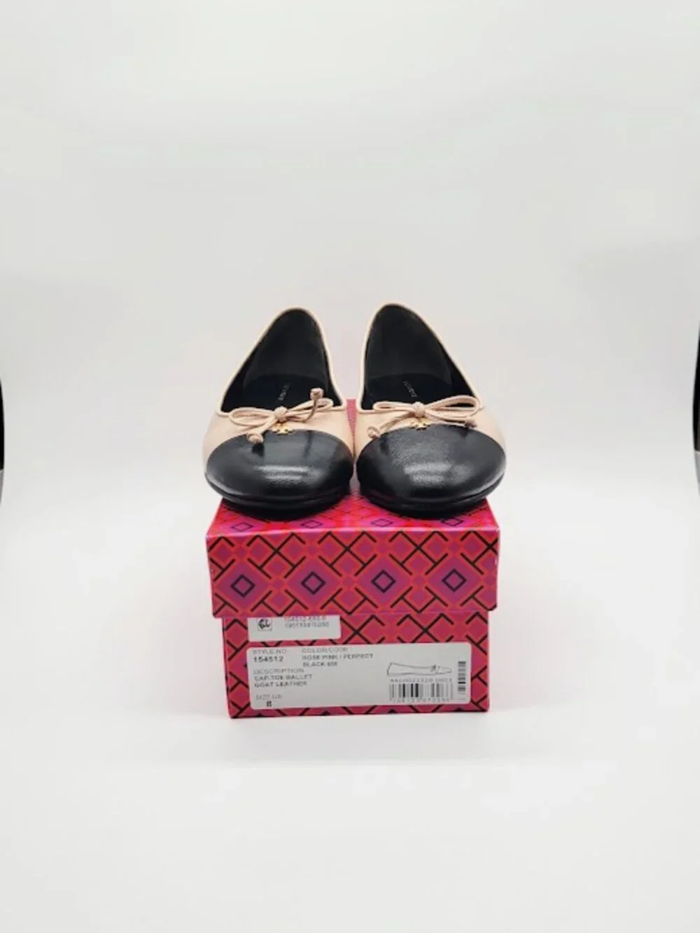 TORY BURCH Cap Toe Ballet Flats Women’s Size 8 Rose/ Black Bow Round Toe Shoes